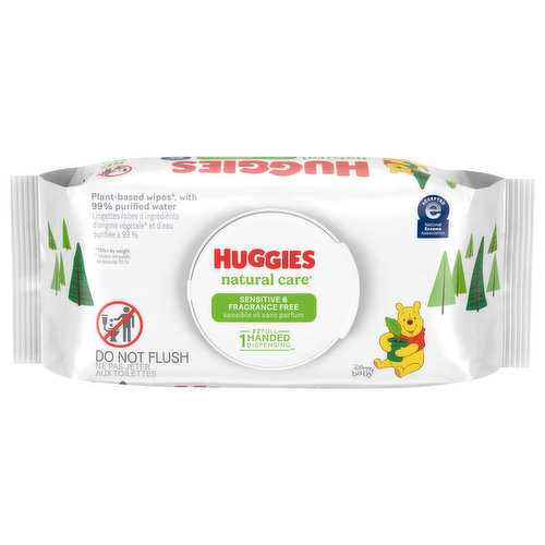 Huggies Natural Care Sensitive Baby Wipes are soft, plant-based wipes since 1990, made with 99% purified water and 1% skin essential ingredients for a gentle clean. Infused with aloe and vitamin E, the unique base sheet locks-in and absorbs the mess to help keep your baby's skin clean and moisturized. With no harsh ingredients, Huggies Natural Care unscented diaper wipes are hypoallergenic, dermatologist-tested and pH-balanced to help maintain healthy skin for your baby. They're recognized by the National Eczema Association because they're safe for sensitive skin, being fragrance free, alcohol free, paraben free and do not contain phenoxyethanol or MIT. Huggies Natural Care unscented baby wipes are extra soft and gentle, making them ideal for sensitive newborn skin. These disposable baby wipes come in exclusive Winnie-the-Pooh packaging for a delightful touch. Plus, with EZ Pull 1-Handed Dispensing, it's easy to grab wipes without wasting sheets! With the #1 branded wipe**, you can feel confident you are giving baby a safe, gentle clean every time. Join the Huggies Rewards Powered by Fetch to get rewarded fast. Earn points on Huggies diapers and wipes, in addition to thousands of other products to redeem for hundreds of gift cards. Check out the Fetch Rewards app to get started today! (*70%+ by weight) (**Based on US Nielsen data ending 9/4/2021)