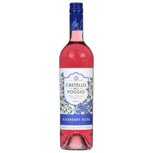 Est. 1699. Historic Italian estate established 1699. Introducing the Castello del Poggio Fruit Blossom Collection, a sun-drenched, fruity oasis awaits! Discover Blueberry Bliss with delightful and juicy all-natural blueberry flavor. Follow your bliss! Unlock your senses. Semi-sweet. Aromatised wine-product cocktail.