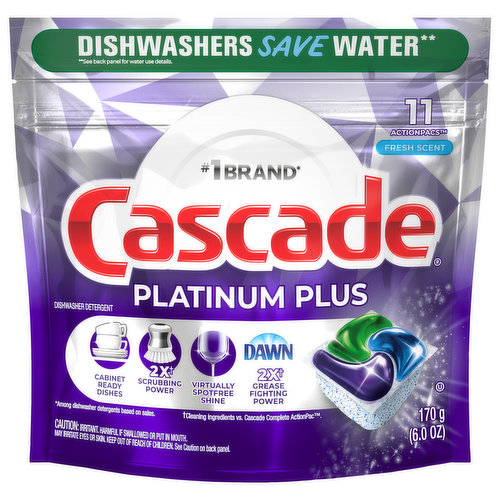 Dishwashers save water (see panel for water use details). 24 gallons with 11 minutes of handwashing vs. 4 gallons per 1 dishwasher cycle. Running the dishwasher daily saves water (Energy Star certified dishwasher use less than 4 gallons per cycle. Running the tap for 11 minutes while handwashing uses up to 24 gallons of water). No. 1 brand (among dishwasher detergents based on sales). Cabinet ready dishes. 2x scrubbing power (cleaning ingredients vs. Cascade complete ActionPac) scrubbing power. Virtually spotfree shine. 2x (cleaning ingredients vs. Cascade complete ActionPac) grease fighting power. Safe for septic tanks. Make sure items are dishwasher safe and follow manufacturer's directions. Phosphate free. Dishwashers save water (see back panel for water use details). 24 gallons with 11 minutes of handwashing vs. 4 gallons per 1 dishwasher cycle. Running the dishwasher daily saves water (Energy Star certified dishwasher use less than 4 gallons per cycle. Running the tap for 11 minutes while handwashing uses up to 24 gallons of water).