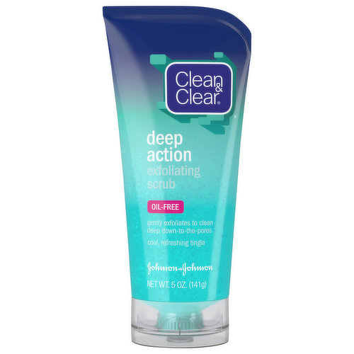 Clean & Clear Deep Action Oil-Free Exfoliating Scrub is designed to invigorate skin by cleansing deep down to the pores and gently exfoliating surface skin. This refreshing facial cleanser provides a tingly, cooling sensation as you gently massage the scrub on skin - the unmistakable, revitalizing feeling of cleansing deep down to the pores action. The oil-free formula of this exfoliating face wash contains natural micro-scrubbers that work to effectively remove dirt, oil and even makeup. Suitable for everyday use, this cooling face scrub rinses clean, so it won't clog pores. To use, wet face and gently massage exfoliating wash all over the face, avoiding the eye area. Rinse thoroughly and pat the face dry. This deep action exfoliating facial scrub is suitable for daily use to achieve smooth skin and is the perfect exfoliating step in your skincare routine to any skincare routine.