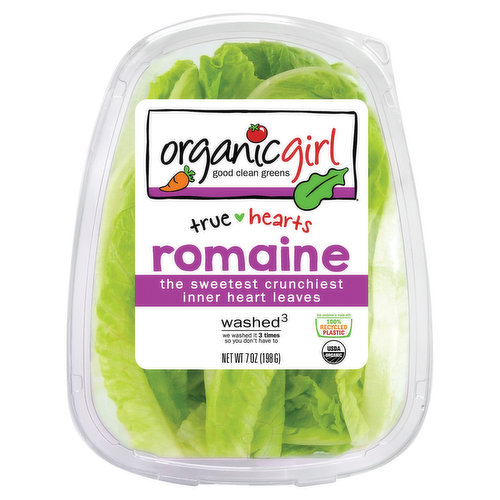 Good clean greens. Washed3 - we washed it 3 times so you don't have to. Love the crunch. The same great hearts of romaine you love, with a fresh new look! Only the sweetest, crunchiest inner heart leaves. Rich in antioxidant vitamin A! True Hearts the heart is the best part! We use only the true inner heart, harvested whole, then gently separated by hand. Triple washed and ready to use. We use no preservatives.