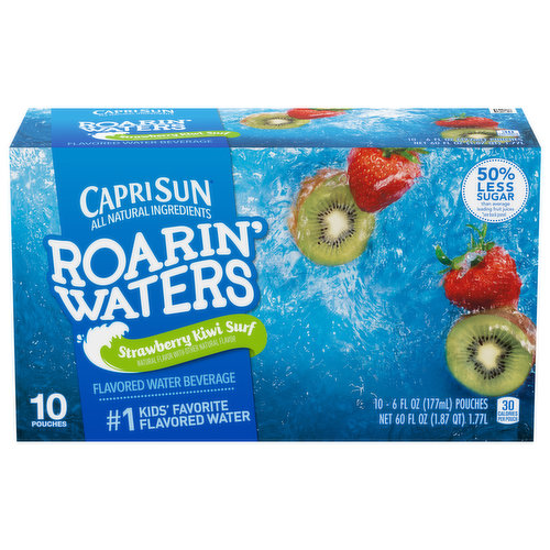 No.1 kids’ favorite flavored water. A wave of deliciousness. Capri Sun Roarin' Waters is the perfect combination of refreshing, hydrating water and the epic fruit flavors that kids love. It's made with all-natural ingredients and has 50% less sugar than the average leading fruit juices (Per 12 fl oz, this product 15 g total sugar, leading average fruit juices 40 g total sugar). With that much awesomeness in every pouch, Capri Sun Roarin Waters is the flavored water that's guaranteed to make a splash! You only want what's best for your kids, and so do we! That's why we're committed to making Capri Sun Roarin waters with all-natural ingredients. Everything that goes into our pouches is there to bring out the epicness of childhood. In other words, it's all good. Check Out Our Other Offerings: USDA Certified Organic; 100% Juice Blend; Capri Sun Juice Drink Blend; Roarin Waters Flavored Water Beverage. how2recycle.info.