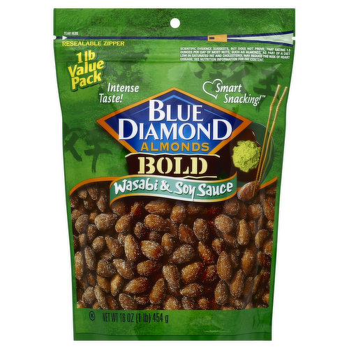 Intense taste! Smart snacking! Resealable zipper. Scientific evidence suggests, but does not provide, that eating 1.5 ounces per day of most nuts, such as almonds, as part of a healthy diet low in saturated fat and cholesterol may reduce the risk of heart disease. See nutrition information for fat content. Consistent quality, bold new flavors and great value! Blue Diamond Growers naturally nutritious Wasabi & Soy Sauce almonds are roasted and seasoned with spicy Bold flavors, so satisfying that you just can't put them down. Combining the distinctive flavor of Asian style horseradish with the savory taste of soy sauce, these almonds pack a mouthwatering punch for your snacking enjoyment. And our convenient, resealable bag gives you the option to save some for later - if you can! Almonds Are Calorie Smart: no cholesterol; good source of fiber; good source of protein; no artificial ingredients. From the almond people. 6 g total carbs - 3 g fiber = 3 g net carbs per serving. Questions or comments? Write Blue Diamond Customer Support, Sacramento, CA 95812. Please include code number found on bottom of can with all inquiries. www.bluediamond.com. Peanut free. From California.