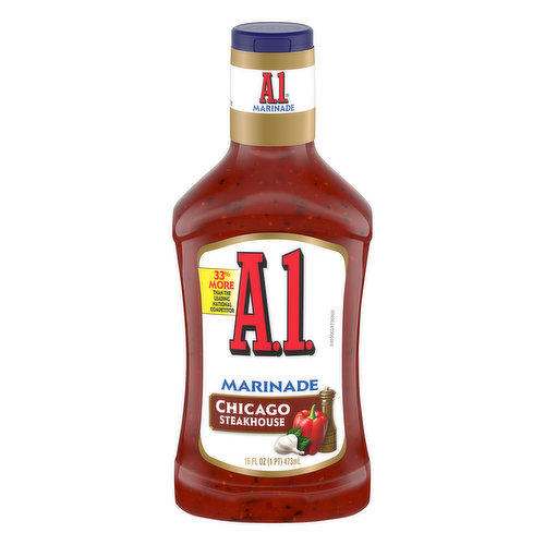 Transform your meals with the bold flavors of A1. Inspired by the great steakhouses of Chicago, our A1 Chicago Steakhouse Marinade is the perfect complement to burgers, steak, chicken, vegetables...anything! With a robust tomato base, our marinade combines coarse black pepper and red bell peppers to bring out bold and rich flavor from what you're cooking. Use our delicious sauce as a marinade, brush it on while grilling your preferred protein or pour it on your entrée for a boost of flavor. Each 16-ounce squeezable bottle is resealable . With the classic flavor you love, A1 Marinade enhances all of your family favorites.