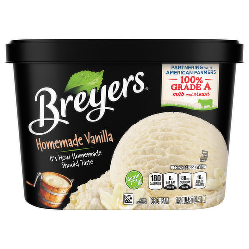 Breyers Homemade Vanilla ice cream is thick and smooth like it was just churned. This thick and smooth vanilla ice cream is made with fresh cream, sugar, milk, vanilla, and egg yolks. It's how homemade should taste! Enjoy on its own, or try it with any one of our favorite recipes like Rice Cereal Treat Ice Cream Sandwiches, Chocolate Chip Ice Cream Pies, or even a Banana Split Ice Cream Cake. When William Breyer started his small ice cream business in Philadelphia in 1866, he based his recipes around simple and pure ingredients. More than 150 years later, we still honor that same philosophy. We always start with high-quality ingredients like fresh cream, milk, and sugar and combine them with naturally sourced colors and flavors for wholesome goodness. This combination is how we create flavors you know and love. Our dairy comes from American farmers who produce 100% Grade A milk and cream from cows not treated with artificial growth hormones*. Discover your new favorite frozen treat from Breyers’ many classic ice cream flavors today, like our rich Chocolate Ice Cream and Mint Chocolate Chip ice cream. *The FDA states that no significant difference has been shown between dairy derived from rBST-treated and non-rBST-treated cows.