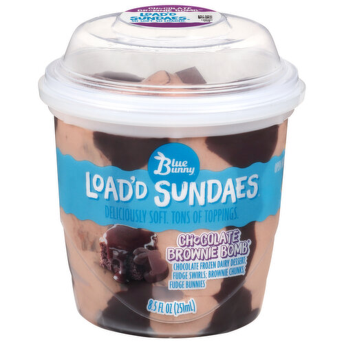 Indulge in the swirls and mix-ins packed into every spoonful of Blue Bunny Load'd Sundaes Chocolate Brownie Bomb frozen dessert. This one-of-a-kind sundae cup is loaded with tons of sundae toppings, so each bite is as exciting as the last. Soft chocolate frozen dessert is swirled through with chocolate fudge and mixed with brownie bites and chocolaty fudge bunnies. It's a sundae experience that calls out to chocolate lovers, spoon-ready and straight from the freezer. Everyone can enjoy the chocolate fudge and brownie flavors of these frozen dessert cups. What are you waiting for? Indulge in a frozen treat cup you can take along wherever you go. At work, in the car, on the couch—pretty much every place is more fun with this single serve sweet treat. Blue Bunny Load’d Sundaes come in compact, single-serve dessert cups, so you can keep stock up on all flavors of this fully loaded frozen treat. Try every delicious Blue Bunny frozen dessert, including Twist Cones, a new twist on classic soft serve ice cream cones. Blue Bunny--We Make Fun.