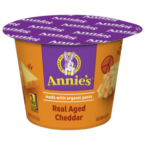 For a super easy and delicious microwave snackity snack, Annie's Real Aged Cheddar Microwave Macaroni and Cheese Cups are the ultimate comfort food. Just add water, microwave, and enjoy a yummy cup of mac and cheese in minutes. It's made with organic pasta and flavorful real aged cheddar, with no artificial flavors, synthetic colors or preservatives. Keep these conveniently portioned cups in your pantry for easy snacks or throw into a backpack for part of an on-the-go lunch. Kids and adults alike will love the creamy, dreamy taste of real cheese and organic pasta. Spoon up some magic.
Annie's makes products in over 20 family-friendly categories — from fruit-flavored snacks and cereal to mac & cheese. For busy bunnies and families on the go, we help make life a little easier and more delicious by sweetening-up packed lunches or by adding to a savory, yummy dinner. Annie’s is devoted to spreading goodness through nourishing, tasty foods and kindness to the planet.