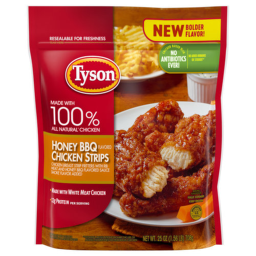 Sweet and savory is on the menu with Tyson Frozen Honey BBQ Chicken Strips, now with new bolder flavor. A sweet and smoky treat for your taste buds, these juicy breaded chicken breast strip fritters are ready to be dipped, dunked or chopped to satisfy all your snacking needs. Made with white meat chicken glazed with honey barbecue flavored sauce, these frozen, boneless chicken strips are a breeze to prepare in the oven or microwave. These fully cooked tender strips are made with chicken raised with no antibiotics ever, no added hormones or steroids**, and provide 12 grams of protein per serving. Heat and serve with your favorite dipping sauce for a crowd pleasing entree. Includes one 25 oz resealable package of chicken strips. Keep it real. Keep it Tyson. *Federal regulations prohibit the use of added hormones or steroids in chicken