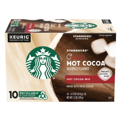 Hot cocoa mix. Naturally flavored. Genuine K-Cup pods. Made with nonfat milk. Made with real cocoa. A chocolaty rich, everyday indulgence. Fill your cup with an indulgent favorite inspired by Starbucks handcrafted hot chocolate. Created specially for your Keurig machine, our Classic Hot Cocoa delivers a rich and creamy way to treat yourself, sip after satisfying sip.  www.keurig.com. how2recycle.info. Find us on Facebook.com/Keurig or Twitter.com/Keurig. To learn more, visit us at: starbucks.com/athome. For brewer inquiries contact: 1-866-901-BREW/1-866-901-1739. www.Keurig.com. Starbuck rewards. Starbucks Rewards: Earn stars with your receipt on any qualifying purchase. Visit starbucks-stars.com for details.  This carton is made with recycled material. Recyclable (Not recycled in all communities) K-Cups pods. Peel, empty, recycle. Only Genuine K-Cup Pods are optimally designed by Keurig for your Keurig-. coffee maker to deliver the perfect beverage in every cup. Caution: Pod is hot. Allow to cool after use. Peel: Starting at puncture, peel lid and dispose. Recycle: Check locally (Not recycled in all communities) to recycle empty cup. Visit keurig.com/recyclable to learn more.