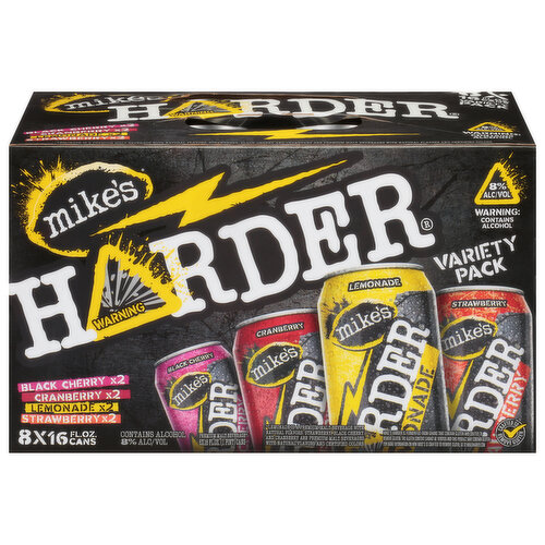 Black cherry x2. Cranberry x2. Lemonade x2. Strawberry x2. Premium malt beverage (Lemonade is a premium malt beverage with natural flavors. Strawberry, black cherry and cranberry are premium malt beverages with natural flavors and certified colors). Flavored ale. Crafted to remove gluten. Please recycle.
