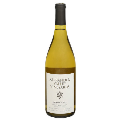 Estate grown & blend. Established 1962. Wetzel Family Estate. The Russian River bordering our family's estate vineyards is responsible for the cooling fog that develops the acidity in our Chardonnay grapes. To retain those bright citrus and green apple flavors we cold ferment and age 70% in stainless steel. The balance is fermented in French oak barrels, undergoes malolactic fermentation and ages on the lees for 6-8 months adding body and a hint of creaminess to the wine. Handcrafted since 1975 our Chardonnay is complex and balanced. The Wetzel Family Estate, located on the property settled in the 1840s by Alexander Valley namesake Cyrus Alexander, showcases the history, tradition and excellence of the region. Avvwine.com. Alc. 14.0% by vol. Produced and bottled by Alexander Valley Vineyards, Healdsburg, California.