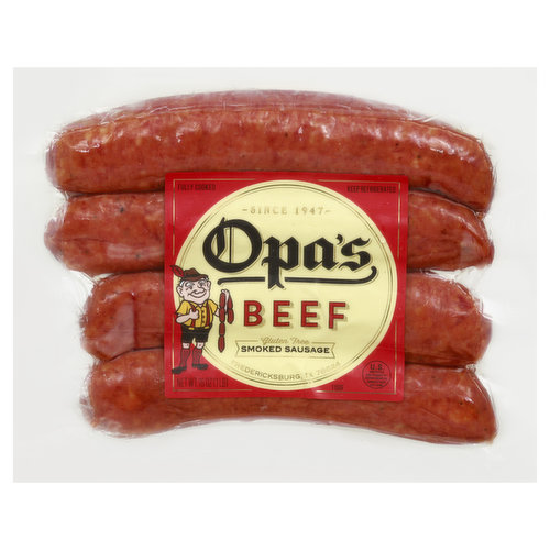 Gluten free. Since 1947. Fully cooked. Beef sausage encased in natural pork casing. US inspected and passed by Department of Agriculture. opassmokedmeats.com.
