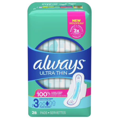 Get up to 100% leak-free comfort with Always Ultra Thin pads. Always features RapidDRY, which absorbs 40% faster than the leading generic brand to help you stay clean and dry. Did you know that Always has five sizes so you can find your best fit? For up to 20% more coverage, move one size up. Choose the best protection based on your flow AND panty size with Always MyFit sizing system. For daytime protection, Always Ultra Thin Size 3 Extra Super Long Pads with Wings have a LeakGuard Core that absorbs in seconds for up to eleven hours of protection, plus a flexible fit that moves with you.