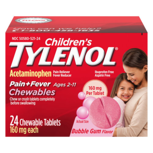 Tylenol Acetaminophen, Pain + Fever, 160 mg, Bubble Gum Flavor, Children's, Chewable Tablets