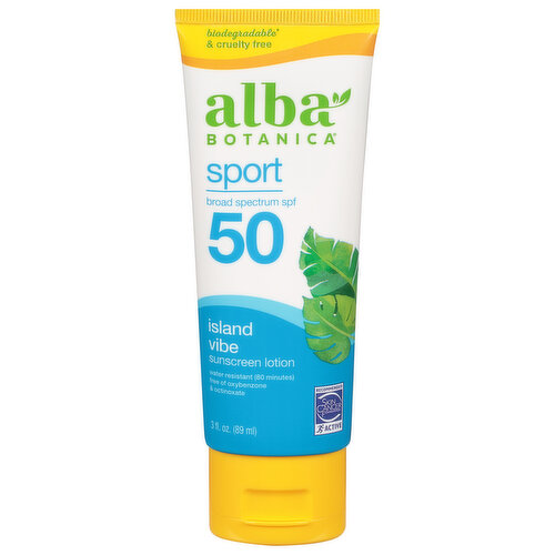 Alba Botanica Sunscreen Lotion, Island Vibe, Sport, Broad Spectrum SPF 50