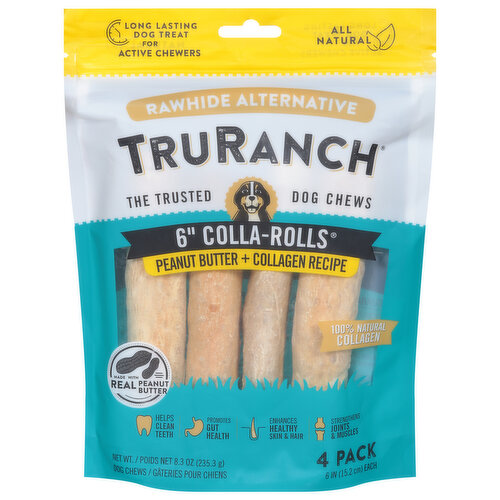 TruRanch Dog Chews, Peanut Butter + Collagen Recipe, 6 Inch Colla-Rolls, 4 Pack