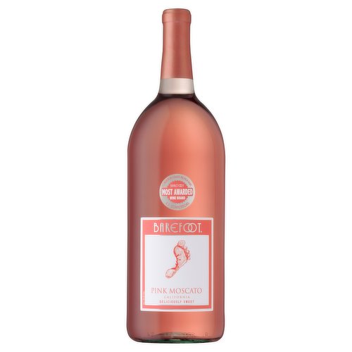 Deliciously sweet. Foot Notes: Barefoot Pink Moscato is a juicy and refreshing wine with ripe nectarine aromas and flavors. Layers of raspberry and pomegranate complement the lingering, sweet citrus finish. Enjoy with pot stickers, fruit kabobs and strawberry shortcake. Superb! Get Barefoot and have a great time! Barefoot's Pink Moscato Blends have won Double Gold! 2013 San Francisco Chronicle Wine Competition. Consistent quality, proven value. barefootwine.com. Alc. 9% by vol. Vinted and bottled by Barefoot Cellars, Modesto, CA 95354.
