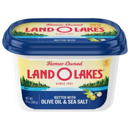 With unforgettable flavor perfect for all your favorite foods; Land O Lakes Butter with Olive Oil and Sea Salt is truly delicious in every way. Made with simple ingredients including sweet cream; olive oil and sea salt; it's spreadable straight from the refrigerator and has a flavor that's impossible to resist. Support farmer-owners in communities like yours across the country with every purchase of Land O Lakes Butter with Olive Oil and Sea Salt. Use it on dinner rolls and croissants for a creamy taste. Land O Lakes Butter with Olive Oil and Sea Salt also pairs perfectly with mashed potatoes and vegetables. However you choose to use it; it's sure to be a huge hit with family and friends. Land O Lakes Butter with Olive Oil and Sea Salt comes in a resealable tub to maintain its flavor. Land O Lakes Butter with Olive Oil and Sea Salt — Eat It Like You Own It.