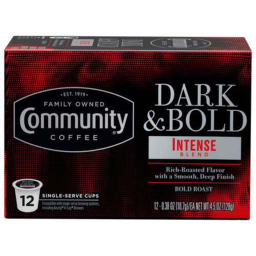 Est. 1919. Family owned. Single-serve cups. Compatible with single-serve brewing systems, including Keurig K-Cup Brewers. Intense Blend: Savor the flavors created in this expert blend of Central and South American coffees. The tropical climate and high elevation produce a deep, fragrant aroma and intense taste. Our Story Est. 1919: Over 100 years ago my great-grandfather, Cap Saurage, created the first batch of our signature coffee. Cap’s coffee blend became a local Louisiana community favorite, and thus Community Coffee was born. Four generations later, we are still dedicated to creating a variety of distinctive, full-flavored coffees. Dark & Bold: The Dark & Bold line delivers distinctly smooth coffee to those who love the darkest, boldest coffee flavors. - Matt Saurage, 4th Generation Owner. Please recycle. Making a difference cup by cup. We believe it is important to do more than make great coffee. By supporting and giving back to local communities every cup makes a difference to the people and places that make us Community Coffee. To learn more, visit CommunityCoffee.com/Giving-Back. roof of Purchase: Community Coffee cash for schools. 1 point. CommunityCoffe.com/cashforSchools.