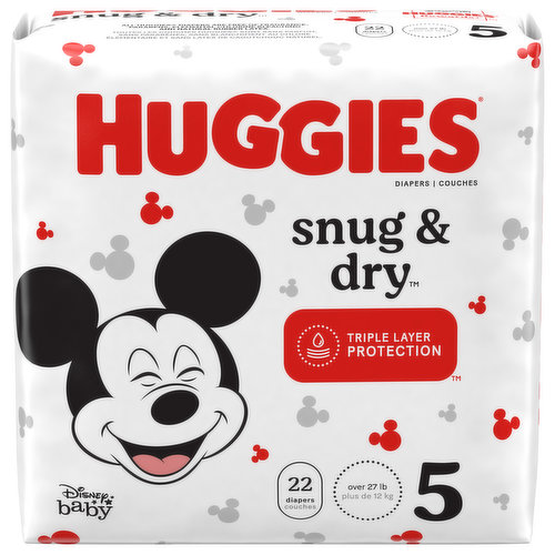 Huggies Snug & Dry Baby Diapers give your baby up to 12 hours of long-lasting protection, day or night. Featuring Triple Layer Protection, Snug & Dry absorbs wetness in seconds and helps separate moisture from your baby's skin. Snug & Dry baby diapers have a soft, stretchy waistband for added comfort and a contoured shape for better leakage protection while your baby is sleeping, crawling and walking. They also come with a wetness indicator that changes from yellow to blue when your baby is ready for a diaper change. Snug & Dry disposable diapers are clinically proven to be hypoallergenic, as well as free of fragrances, lotions, parabens, elemental chlorine and natural rubber latex. Featuring fun Disney Mickey Mouse designs as cute as your baby, Snug & Dry Diapers are available in sizes Newborn (up to 10 lbs), 1 (8-14 lbs), 2 (12-18 lbs), 3 (16-28 lbs), 4 (22-37 lbs), 5 (27+ lbs) and 6 (35+ lbs). Join Huggies Rewards+ powered by Fetch to get rewarded. Earn points on Huggies diapers and wipes, in addition to thousands of other products to redeem for hundreds of gift cards. Download the Fetch Rewards app to get started today! (*sizes 3-6)