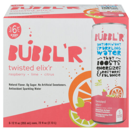 Bubbl'r Sparkling Water, Antioxidant, Raspberry/Lime/Citrus