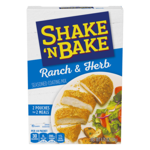 Per 1/8 Packet: 30 calories; 0 g sat fat (0% DV); 280 mg sodium (12% DV); less than 1 g total sugars. 2 Pouches for 2 meals. Standard prep on side! More ways to shake it up! www.ShakeNBake.com. kraftrecipes.com. www.ShakeNBake.com. 1-800-431-1003. For complete nutrition visit kraftrecipes.com. 100% Recyclable recycling program for this package may not exist in your area. Kraft Shake 'N Bake Ranch & Herb Seasoned Coating Mix adds a crispy crust to your chicken or pork without the mess of frying for a quick home-style meal. This ranch coating is perfectly seasoned with savory flavors for a delicious, irresistible crunch. For simple prep, moisten chicken or pork, shake it in the coating and bake it until it's fully cooked. Use it with bone-in or boneless chicken or pork to make crispy baked chicken, ranch chicken strips, crispy pork chops or even crispy vegetables. Each 4.75 ounce box contains two pouches of chicken coating, so you can enjoy more than one family dinner over oven baked crispy chicken, pork or veggies. This extra-crispy seasoning is all you need to take your home-style meal from good to incredible.