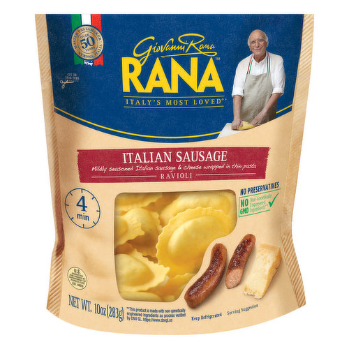 Mildly seasoned Italian sausage & cheese wrapped in thin pasta. No GMO: Non-genetically engineered ingredients (this product is made with non-genetically engineered ingredients as process verified by DNV GL. https://www.dnvgl.us). Over 50 years - Master pasta maker, Verona, Italia. Giovanni Rana. Italy's most loved (based on refrigerated pasta sales). 4 min. No preservatives. My Story: I am Giovanni Rana, born in Verona, Italy, and passionate about making pasta for over 50 years. The finest ingredients make my pasta the No. 1 filled pasta in Italy (based on refrigerated pasta sales). My dough, as thin as the dough my grandmother made, allows the wonderful flavors of the filling to shine through. Buon Appetito! Did you know? In this product there are: no preservatives; no GMO ingredients; no artificial flavors; no artificial colors; no gums; no powdered eggs; 100% cage-free eggs (eggs from hens not raised in cages). Our Italian sausage is prepared according to the Italian tradition, mildly seasoned and then cooked to bring out all its aroma and flavor. A product of Rana La famiglia. Live live generously. U.S. inspected and passed by Department of Agriculture. www.giovannirana.com. Facebook. Twitter. Instagram. Pinterest. For more information or to contact us call 888-326-2721 or go to www.giovannirana.com. For more delicious recipes, visit us online. www.giovannirana.com. FSC: Mix - Packaging from responsible sources.