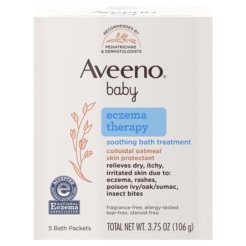 Aveeno Baby Eczema Therapy Soothing Bath Treatment helps relieve minor skin irritation and itching caused by rashes, eczema, poison ivy, poison oak, poison sumac, or insect bites. From the dermatologist and pediatrician-recommended brand, this baby bath treatment is indicated to relieve dry, itchy, irritated skin and is accepted by the National Eczema Association. The unique formula of this tear-free and allergy-tested baby eczema therapy bath combines natural colloidal oatmeal skin protectant with a special moisturizer to help provide baby with dry skin relief. When dispersed in water, the ultra-fine powder forms a milky soothing bath that also works as a natural, soap-free cleanser and is gentle enough for delicate skin. After bathing, your baby's skin becomes softer and smoother, and dry irritated skin is relieved. Aveeno Baby Eczema Therapy Soothing Bath Treatment is gentle on eyes and free of steroids, soap, parabens, phthalates, phenoxyethanol and fragrances.