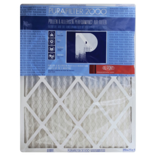 Actual Size (19.750 x 24.750 x 0.75). Dust and sand. Pollen (inanimate). Pet dander. Mold spore. Lasts up to 3 months. Enhanced with DuPont science. Improving indoor air quality while optimizing HVAC performance. Purafilter Pollen & Allergen performance filters are designed to last up to 90 days. However, local air quality surrounding your home and the environment within your home can significantly alter the useful life of your filter. Pets, painting, construction projects, etc. within the home reduce filter life. We recommend checking your filter every 30 days during moderate to heavy use of your HVAC system. Replace filters before they become completely covered with dust. This will prevent harmful back pressure on your HVAC system. Changing filters more frequently can also help to reduce energy costs. Free filter reminder service. We will be happy to provide you with a time to replace your filter reminder via email for free. Just log onto www.airfiltration.dupont.com and click on the reminder service to sign up. Limited Warranty: This product will be free from defects in material and manufacture for a period of 6 months from date of purchase. If this product is defective your remedy shall be replacement of the product or refund of the purchase price at Purafilter 2000 option. For warranty service, contact Purafilter 2000 at the address listed on this package. Limitation of Liability: Purafilter 2000 will not be liable for any loss or damage arising from the use of this product whether direct, indirect, special, incidental or consequential. In case of emergency, damage, or need of repair, please contact us at 828-324-6454 or you can contact us on the web at www.airfiltration.dupont.com or www.protectplus.com. Proudly made in the USA. Made in USA.