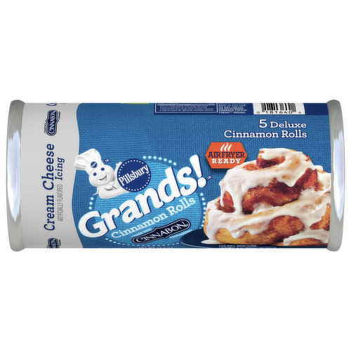 Slow down and savor the morning together with warm, freshly-baked Pillsbury Grands! Cinnamon Rolls. It’s easy to make any day cinnamony sweet with Pillsbury’s ready-to-bake dough made with Cinnabon cinnamon and premade Cream Cheese icing. These refrigerated cinnamon rolls make a great weekday breakfast or special holiday treat. Ready in minutes, these deluxe cinnamon rolls will quickly become a family favorite. Imagine the memories you’ll make.
These large cinnamon rolls provide a sweet reason for your family to gather around the table. Simply heat the oven to 350° F, place the rolls in a greased pan, bake for 23–27 minutes or until golden brown, and spread the delicious icing on top. Nothing wakes up a day like an oven-fresh cinnamon roll.