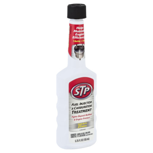 Fights deposit buildup & engine friction! Helps maintain engine efficiency! 1 bottle = 1 use. Treats up to 21 gallons. Choose the STP products that are right for you, to help - maintain engine efficiency. America's leading fuel additive maker! Use regularly when you fill up. STP Fuel Injector & Carburetor Treatment helps: maintain optimum engine efficiency; fight friction on piston rings/cylinder walls; save gas by keeping injectors and carburetors clean. STP does not manufacture any private label products. Questions or Comments? 1-888-Go4-Stp1 in the USA. www.stp.com. Made in the USA.