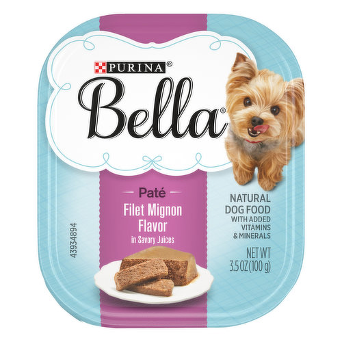 Calorie Content (calculated)(ME): 970 kcal/kg, 97 kcal/tray. Purina Bella Filet Mignon Flavor is formulated to meet the nutritional levels established by the AAFCO Dog Food Nutrient Profiles for maintenance of adult dogs. Natural dog food with added vitamins & minerals. Filet Mignon flavor in savory savory juices. Natural. Questions? 1-800-778-7462. Fill your small dog’s stomach with Purina Bella Filet Mignon Flavor in Savory Juices adult wet dog food, and return all the love she gives you each day. From the moment you brought her home as a puppy, you've been in awe of small. You know that little dogs love big flavors. That's why we make sure that this super-premium healthy wet dog food offers 100 percent complete and balanced nutrition for small adult dogs. This meaty flavor fulfills her desire for deliciousness while still being natural with added vitamins and minerals. Essential nutrition helps to support her overall good health, such as antioxidants to support her immune system. She is sure to gobble up the tender, meaty pate while also enjoying the rich taste and the savory juices in this Bella small dog recipe. Indulge her with Purina Bella Filet Mignon Flavor in Savory Juices dog food, and watch her come running for our protein-rich recipe inspired by small dogs.; Do your best to keep your small dog happy and healthy by serving her Purina Bella Filet Mignon Flavor in Savory Juices adult wet dog food. Your best friend may be little, but she’s a big part of your life. This super-premium dog food inspired by small dogs lets you feel good about giving her the flavors she loves while caring for her nutritional needs. Each juicy bite delights her senses, bringing her back for another bite every time you open a tray. Because she's your world, you only want to give her the best, and that includes giving her this adult dog food with a blend of antioxidants to help support her immune system. That way, she's happy and well, so she can stick by your side or snuggle up close to you morning and night. Indulge her playful curiosity with the flavor of filet mignon while also knowing you're offering a formula that's natural with added vitamins and minerals. Liven up her evening meal by trying Bella Natural Bites With Added Vitamins and Minerals adult dry dog food formulas for an exciting meal she can't resist.

At Purina, we're dedicated to celebrating your close relationship with your small dog by providing high-quality meals made just for her. Each Bella wet dog food recipe is backed by our team of scientists, including nutritionists. We strive to create nutritious meals that are rich in flavor, so both you and your favorite canine companion are content. Because quality is our first ingredient, we produce Purina Bella wet dog food here in U.S. facilities. We perform rigorous checks for both safety and quality to ensure that your dog gets safe, high-quality wet dog food. Give your little companion a dish of Purina Bella Filet Mignon Flavor in Savory Juices, and celebrate the happiness she brings to your life.; Dish out delicious flavor with Purina Bella Filet Mignon Flavor in Savory Juices adult wet dog food, a protein-rich formula with a blend of antioxidants to support strong muscles and immune health.