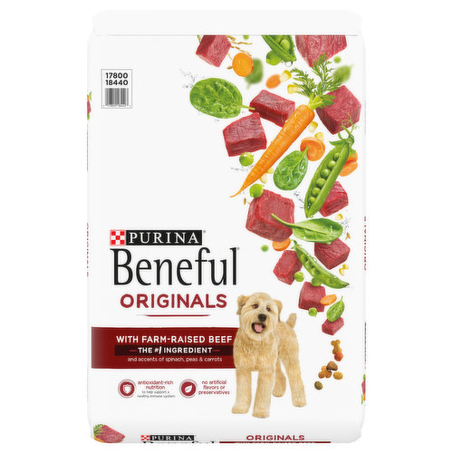 Make mealtime for your dog as delicious as it is nutritious with Purina Beneful Originals With Farm-Raised Beef adult dog food. With a great taste but with no artificial flavors or preservatives, this wholesome dog food kibble features real farm-raised beef as the number 1 ingredient and delivers 23g of protein for dogs in each cup to support strong, healthy muscles. Purina Beneful Originals premium dog food is rich in antioxidants for dogs to help support a healthy immune system for your canine companion, and it contains 23 essential vitamins and minerals to help support their overall health. This tasty Purina dry adult dog food recipe provides 100 percent complete and balanced nutrition to help your dog thrive, so they can live their best life by your side. Open up a Beneful Originals With Farm-Raised Beef dog food bag to fill their stomach with real, wholesome ingredients and their heart with your love for a happy, healthy life together.
