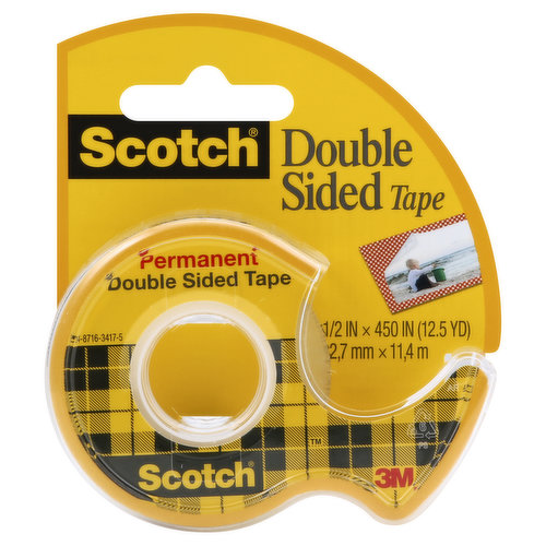 1/2 in x 450 in (12.5 yd) (12.7 mm x 11.4 m). Photo safe (safe for color photos. Photo-safe determined in accordance with ISO Standard 18916. Conforms to ASTMD-4236). Scotch Permanent double sided tape is coated photo safe (safe for color photos. Photo-safe determined in accordance with ISO Standard 18916. Conforms to ASTMD-4236) permanent adhesive on both sides. A no-mess alternative to glue for light-duty attaching and mounting tasks. Great ideas that stick. Questions or comments? Call toll-free 1-800-328-6276. www.ScotchBrand.com. Made in USA with globally sourced ingredients.