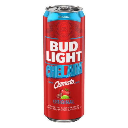 Bud Light lager beer with natural flavor and certified color. Per 12 fl. oz. Average Analysis: Calories, 151. Carbohydrates, 15.6g. Protein, 1.9g. Fat, 0.0g. The original made with clamato. Enjoy responsibly. Chelada is the perfect  balance of Clamato's  authentic flavor with the refreshment of Bud Light. Enjoy it straight from the can or make it your own. TapIntoYourBeer.com. Questions/comments call 1-800-Dial-Bud (1-800-342-5283). TapIntoYourBeer.com. Please recycle. 4.2% alc./vol.