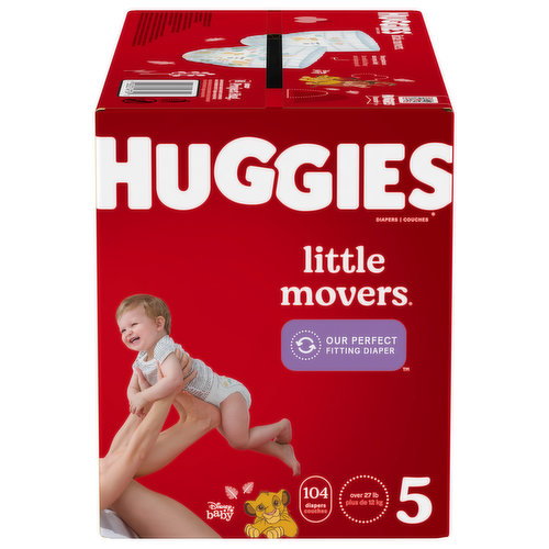 Our perfect fitting diaper, Huggies Little Movers Baby Diapers are designed for active babies! Little Movers baby diapers feature a contoured shape to offer red-mark free protection around the legs and SnugFit Waistband that helps eliminate gaps at the legs and waist. Double Grip Strips hold the diaper in place and help prevent sagging for worry-free running, jumping and playing. Little Movers features Huggies DryTouch Liner, which locks away 99% of wetness helping keep your baby’s skin dry and healthy. These baby diapers help eliminate leaks for up to 12 hours of protection for your baby, while the soft, back pocketed waistband helps prevent diaper blowouts. Plus, a wetness indicator easily lets you know when your baby is ready for a diaper change. These disposable baby diapers also include a SizeUp indicator, so you'll know when it's time for your baby to move up to the next size. Little Movers baby diapers are hypoallergenic, dermatologist tested, fragrance free, lotion free, paraben free, and free of elemental chlorine and natural rubber latex, making them safe for sensitive skin. Featuring exclusive Disney's The Lion King designs, Little Movers Diapers are available in size 3 (16-28 lbs), size 4 (22-37 lbs), size 5 (27+ lbs), size 6 (35+ lbs) and size 7 (41+ lbs). Join Huggies Rewards+ powered by Fetch to get rewarded. Earn points on Huggies diapers and wipes, in addition to thousands of other products to redeem for hundreds of gift cards. Download the Fetch Rewards app to get started today! (*Wet Fit, Among Open Diapers)