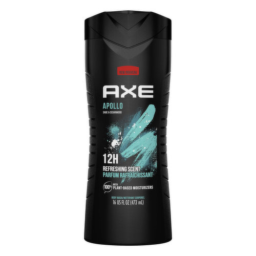 New. 100% Plant based with plant-based moisturizers. Dermatologist tested. Smells 100% awesome. Washes away odor causing bacteria. No parabens. how2recycle.info. axe.com. SmartLabel app enabled/active. Find out more on axe.com. Questions? 1-800-450-7580 100% Recycled bottle. By 2025. We aim for all of our packaging to be recyclable or to include recycled stuff.