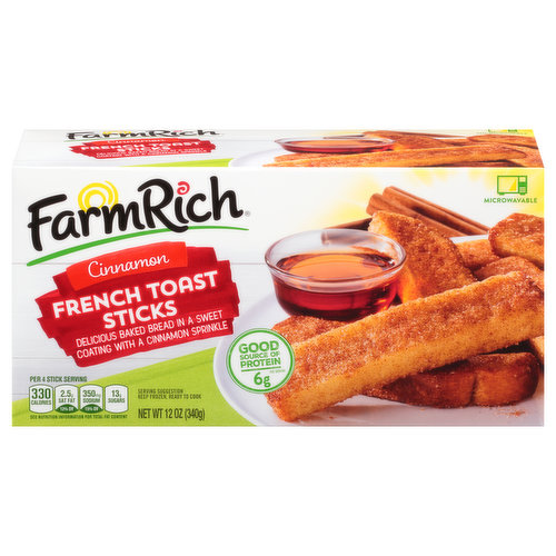 Delicious baked bread in a sweet coating with a cinnamon sprinkle. Per 4 Stick Serving: 330 calories; 2.5 g sat fat (12% DV); 350 mg sodium (15% DV); 13 g sugars. Good source of protein. 6 g per serving. See nutrition information for total fat content. Good source of iron. Microwavable. Our Cinnamon French Toast Sticks are made with made with delicious white bread and covered in a Sweet coating then dusted with a sprinkle of cinnamon for the perfect breakfast or snack. They are a good source of protein and iron. Deliciously sweet cinnamon coating. Perfect for snacking, entertaining, dipping and sharing! Real life good. Farm Rich makes the best wholesome and delicious snacks for busy, perfectly imperfect families! farmrich.com. Like. Share. Enjoy! Facebook. Twitter. Pinterest. Instagram. Visit us at farmrich.com. Our Cinnamon French Toast Sticks are made with delicious white bread and covered in a "sweet" coating then dusted with a sprinkle of cinnamon for the perfect breakfast or snack. They are a good source of protein and iron.; Farm Rich makes the best wholesome and delicious snacks for busy, perfectly imperfect families!