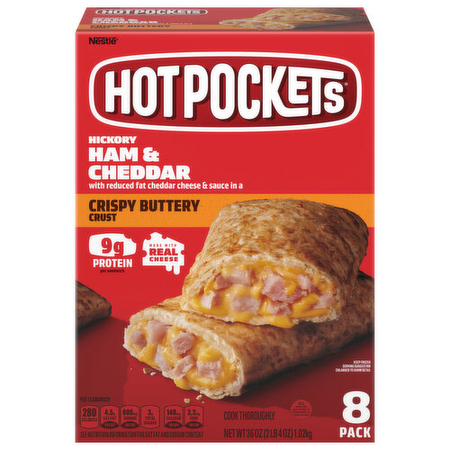 Hot Pockets Sandwiches, Crispy Buttery Crust, Hickory Ham & Cheddar, 8 Pack