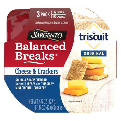 Gouda & sharp cheddar natural cheeses and Triscuit mini original crackers. 8 g protein. 170 calories. See nutrition information for saturated fat content. sargento.com. Questions or Comments: Please call Sargento Consumer Affairs at 1-800-Cheeses (1-800-243-3737) from 9a.m. to 4p.m. (Central Time), Monday-Friday. Please provide the freshness date on the package and the UPC bar code numbers. To learn more about our family of Balanced Breaks, go to sargento.com/balancedbreaks.