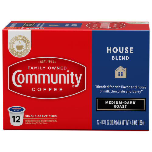 Blended for rich flavor and notes of milk chocolate and berry. Making a Difference. Cup by Cup. Est. 1919. Family owned. Compatible with single-serve brewing systems, including Keurig K-Cup Brewers. House Blend Medium-Dark Roast: Our House Blend captures the distinct character of three coffee-growing regions to bring you a perfectly balanced cup. We roast this blend to a medium-dark color, developing a rich flavor with notes of milk chocolate and berry. Enjoy this smooth, clean finish of this house favorite. Our Story: Over 100 Years ago my great-grandfather, Cap Saurage, created the very first batch of our signature coffee. He blended and served a cup so delicious that it became a local favorite. Out of appreciation for his community of friends and customers, Cap named it Community Coffee. Four generations later, we are dedicated to creating a variety of distinctive, full-flavored coffees. We blend and roast each coffee to reach its full potential, giving you rich, smooth coffee experience every time. - Matt Saurage - 4th Generation Owner. www.CommunityCoffee.com. Facebook. Instagram. Twitter. Find us on Facebook.com/CommunityCoffee. For more information about Community products contact: Community Coffee Company. 1-800-884-5282. www.CommunityCoffee.com. Making A Difference. Cup by Cup: We believe it is important to do more than make great coffee. By supporting and giving back to local communities, every cup makes a difference to the people and places that make us Community Coffee. To learn more, visit CommunityCoffee.com/Giving-Back. Proof of purchase. Community Coffee. Cash for schools. Point 1. CommunityCoffee.com/CashforSchools. This carton is made with recycled material. Please recycle.
