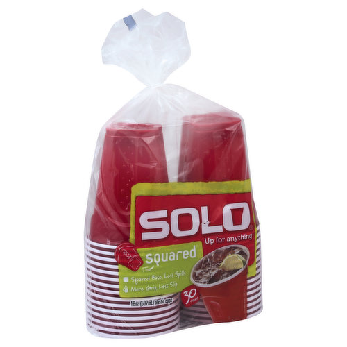 632 ml. Up for anything. Squared base, less spills. More grip, less slip. BPA free. Recyclable in the few communities with facilities for recycling polystyrene products. Questions? 1-877-Solonow; www.solocup.com.