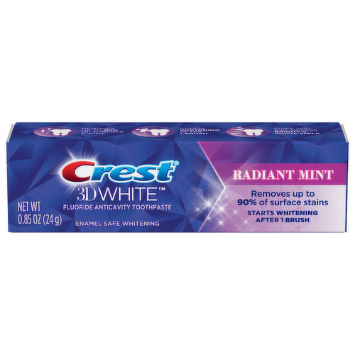 Fluoride anticavity toothpaste. Improved formula. Removes up to 90% of surface stains. Starts whitening after 1 brush. Gives you a flawless bright & white smile. Enamel safe whitening. www.pg.com. www.crest.com. This carton recyclable. Check locally.