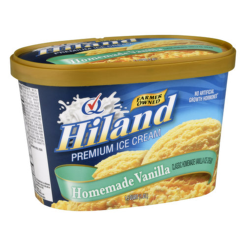 Classic homemade vanilla ice cream. No artificial growth hormones (The FDA states there is no difference in the quality or safety of milk with or without the use of rBST). www.hilanddairy.com. Farmer owned.