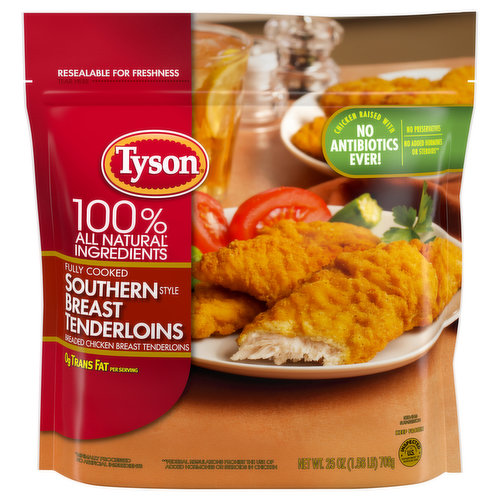 Made with chicken raised with no antibiotics ever, Tyson Fully Cooked Southern Style Chicken Breast Tenderloins are made with all natural* white meat breaded chicken that is minimally processed with no artificial ingredients and no preservatives. With 13 grams of protein per serving, these frozen chicken breast tenderloins are sure to be a hit with the entire family. *Minimally processed, no artificial ingredients