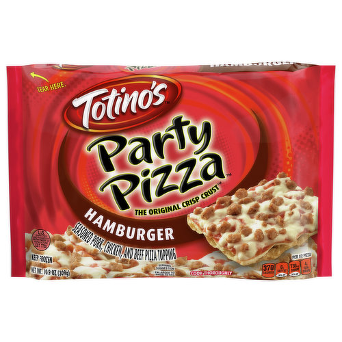 When you're craving a warm slice of pizza and want it now, Totino's Hamburger Party Pizza is your best bet for a delicious night in. The convenient, crispy and cheesy thin-crust pie can be enjoyed from the comfort of your home in minutes. Simply pop the frozen pizza in the toaster oven or fit two on a cookie sheet in the oven, bake until golden brown, then enjoy an easy weeknight meal or afternoon snack. Totino's Party Pizzas are your favorite classic, affordable, "to share or not to share?" frozen pizzas.