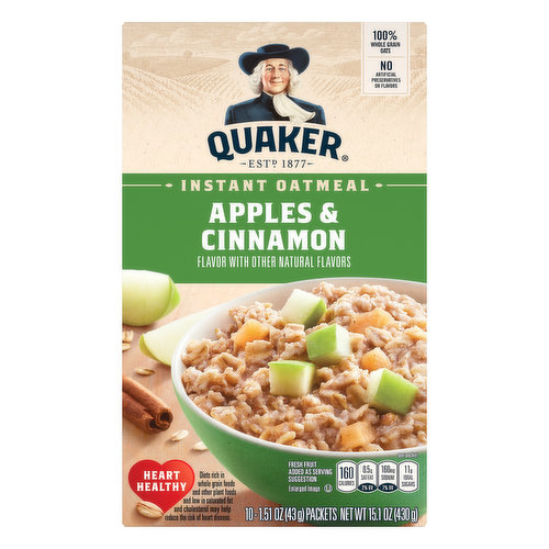 Quaker Instant Oatmeal, Apples & Cinnamon, 10 Pack