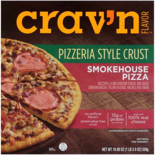 Crav'n Flavor Smokehouse Mozzarella And Cheddar Cheese, Bbq Sauce, Canadian Bacon, Italian Sausage, Bacon & Red Onion Pizzeria Style Crust Pizza