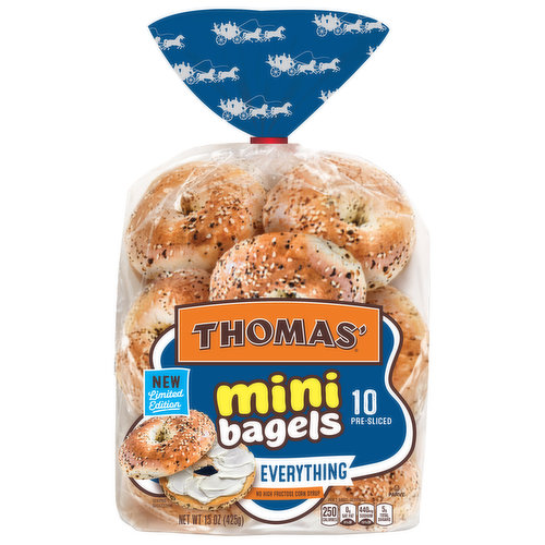 New. No high fructose corn syrup. Specialty bakers since 1880. Thomas' Mini Bagels are delicious any time of day, as a mini breakfast or snack. Crispy on the outside and soft and chewy in the middle, they pair perfectly with your favorite spread or any other combination like mini pizzas. Try one today and taste the tradition of qualify that Thomas' bakeries have been proudly serving up for over 140 years. Terracycle: Join our recycling program at www.terracycle.com/bimbobakeries. BCTGM: Bakery Confectionery Tobacco Workers & Grain Millers union made. AFL CIO CLC.