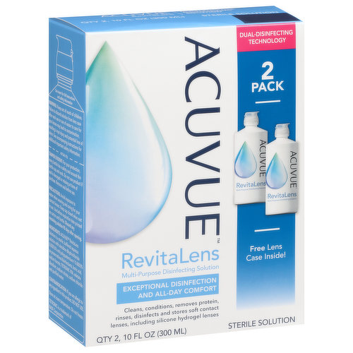 Dual-disinfecting technology. Free lens case inside! Exceptional disinfection and all-day comfort. Cleans, conditions, removes protein, rinses, disinfects and stores soft contact lenses, including silicone hydrogel lenses. Sterile solution. Acuvue RevitaLens Advantages: Dual-disinfecting technology effectively kills harmful bacteria. All-day comfort. Great match with leading contact lenses, including Acuvue contact lenses. Easy-use flip cap! See your eye care professional annually. Ask your eye care professional what makes Acuvue RevitaLens a great choice for exceptional disinfection and all-day comfort.